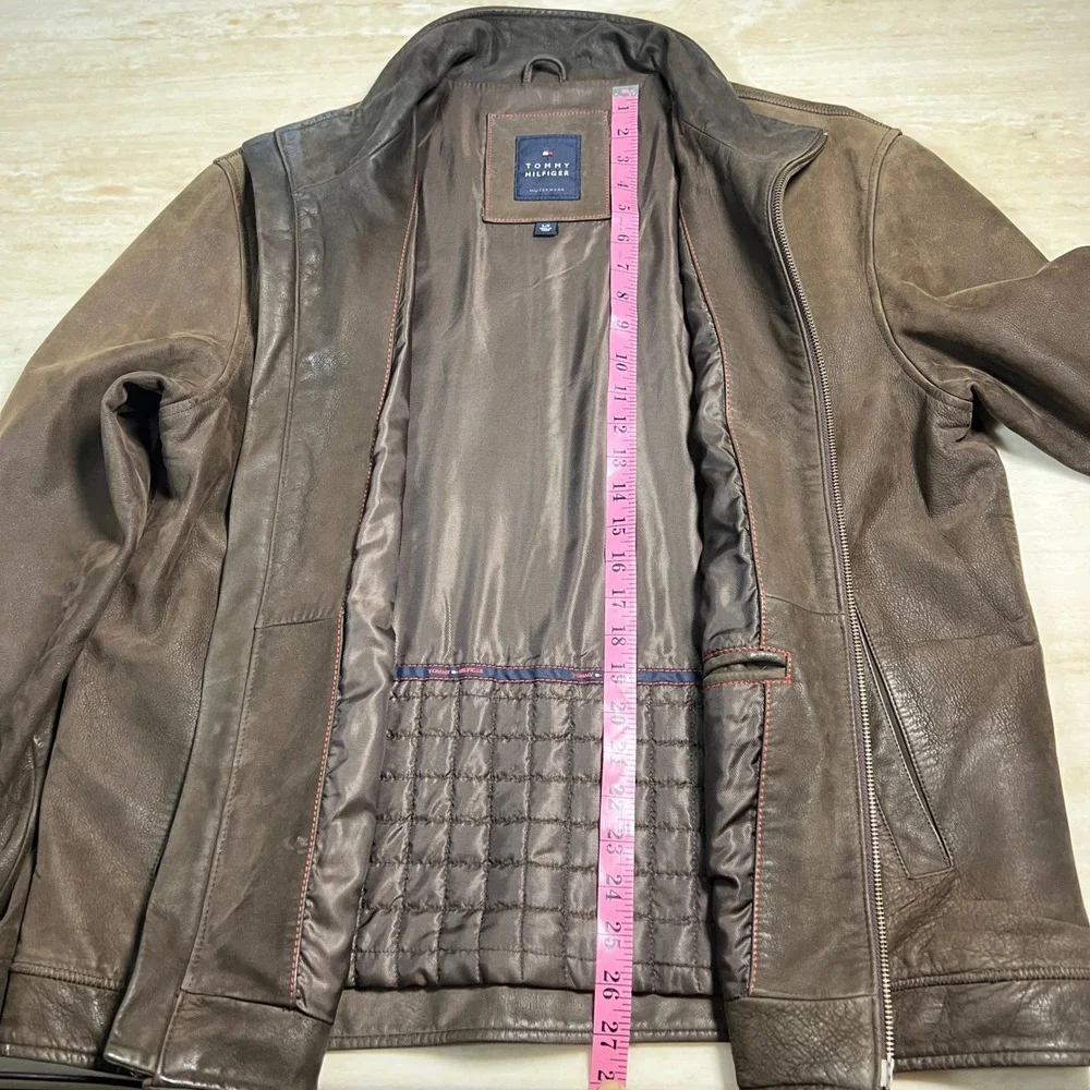 Tommy Hilfiger Mens Brown Leather Jacket Full Zip Mock Neck Coat Size Large